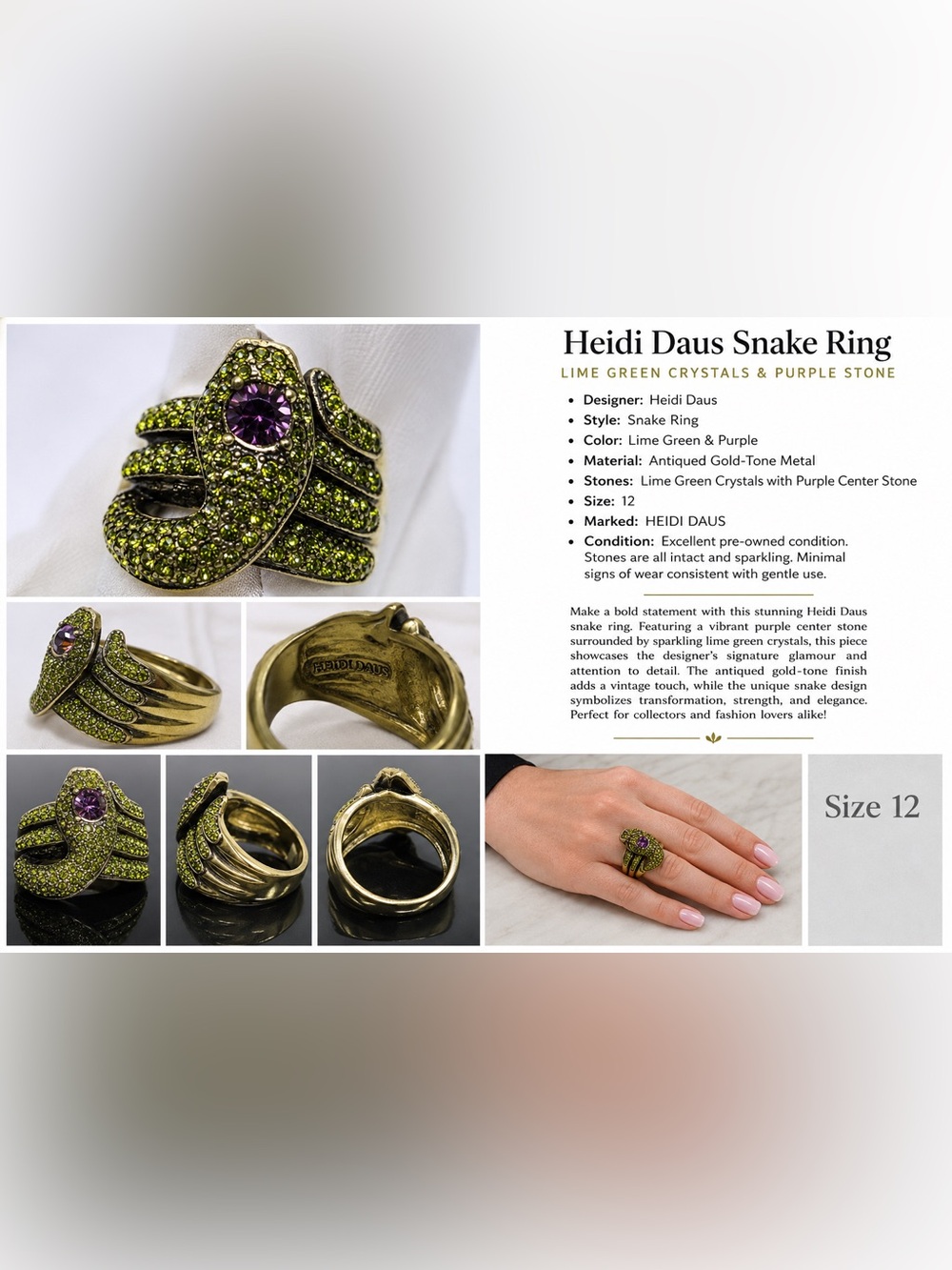 Heidi Daus Lime Green Crystal Snake Ring with Purple Center Stone